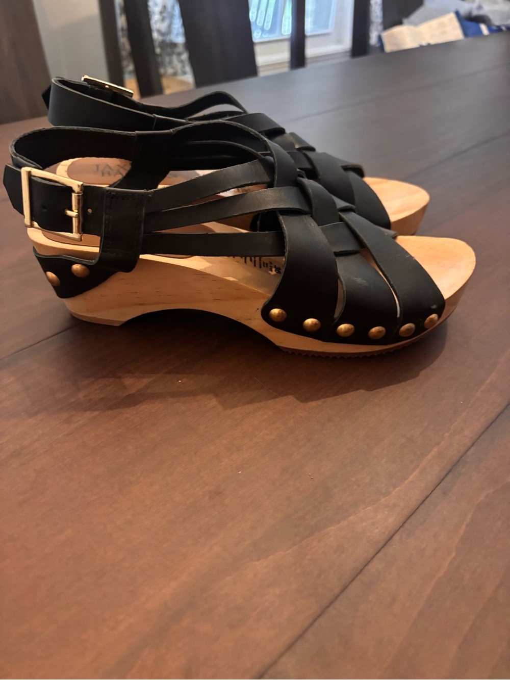 Jax & Bard Handcrafted Wooden Black Leather Sandals with Gold-Tone Studs